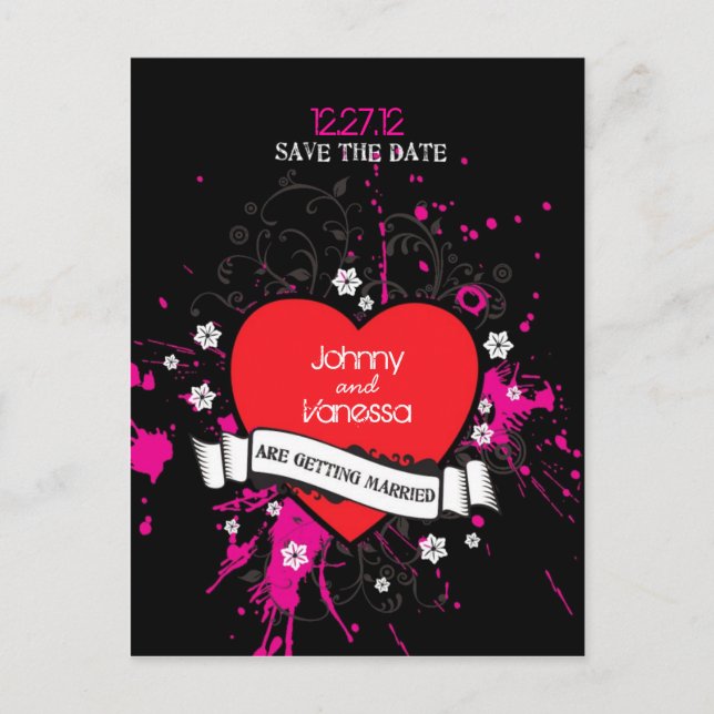 Black & Pink Grungy Heart Music Themed Wedding Announcement Postcard (Front)