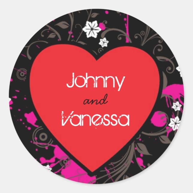Black & Pink Grungy Heart Music Themed Wedding Classic Round Sticker (Front)