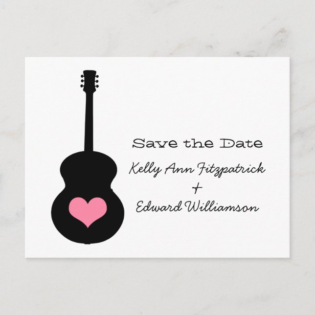 Black/Pink Guitar Heart Save the Date Postcard (Front)