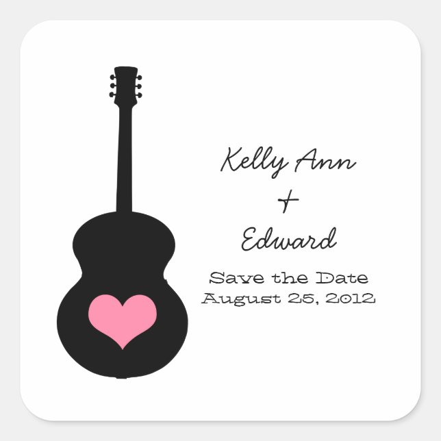 Black/Pink Guitar Heart Save the Date Stickers (Front)