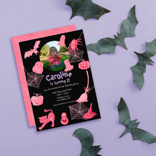 Black & pink Halloween birthday party invitation