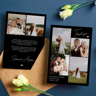 Black Pink Heart Wedding Photos Thank You Note Card