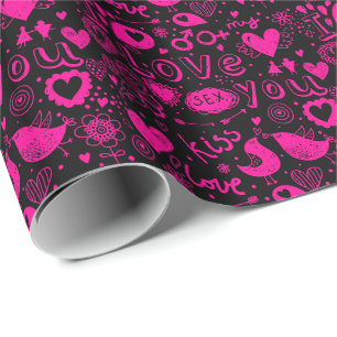 Black & Pink Hearts, Birds, Cupid, Kiss Love Wrapping Paper