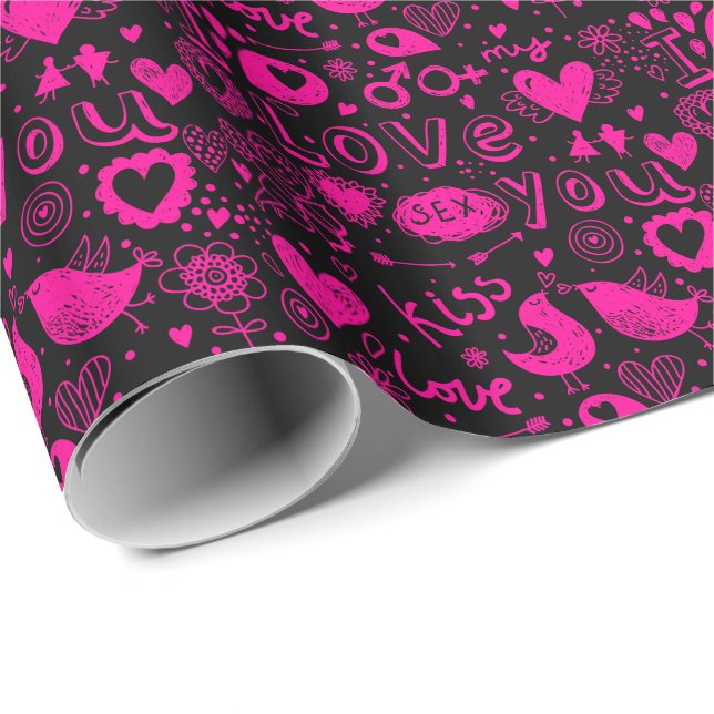 Black & Pink Hearts, Birds, Cupid, Kiss Love Wrapping Paper (Roll Corner)