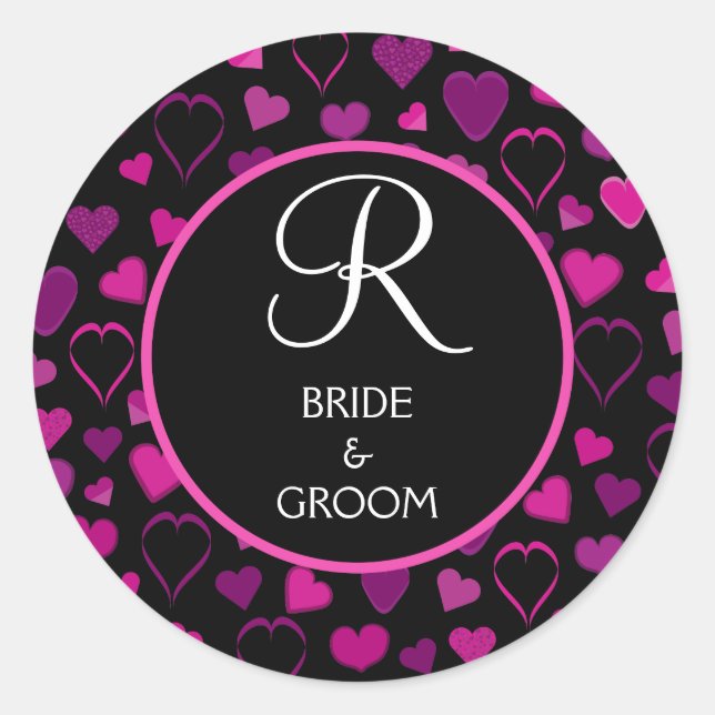Black & Pink Hearts Design Wedding Monogram Seal (Front)