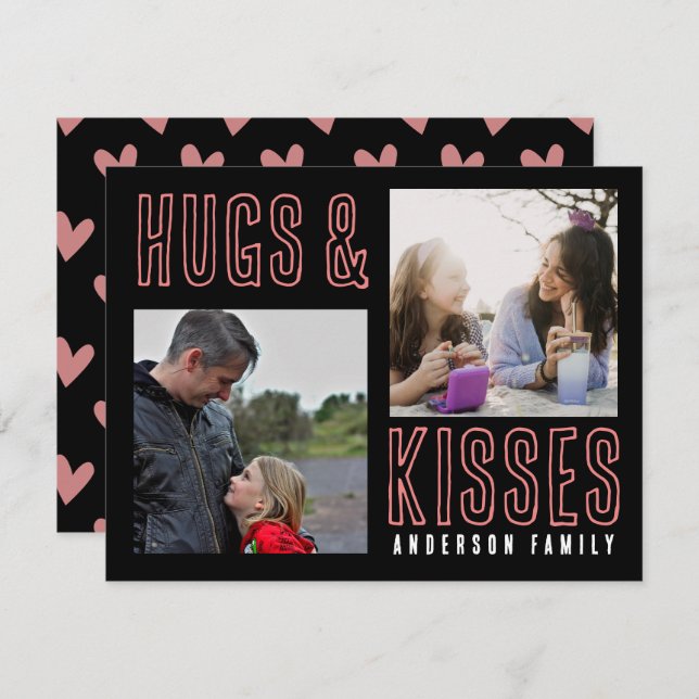 Black Pink Hugs & Kisses 2 Family Photo Valentine Holiday Card (Front/Back)