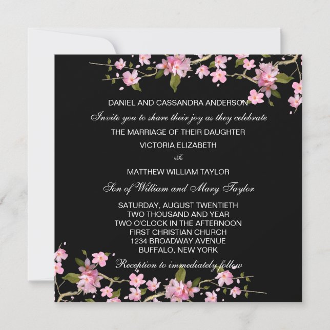 Black Pink Japanese Cherry Blossoms Wedding Invitation (Front)