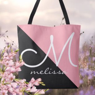 Black & Pink Large Tote Bag With Name Monogram