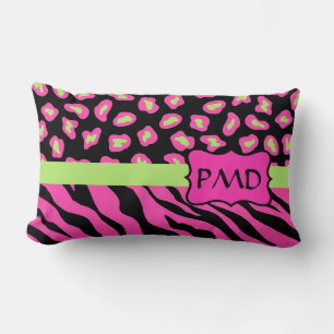 Black, Pink & Lime Green Zebra & Cheetah Skins Lumbar Cushion
