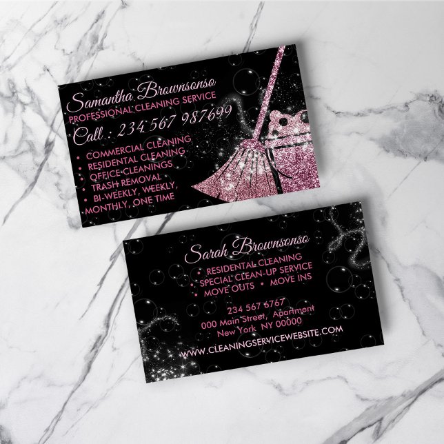 Black Pink Luxury Cleaning Maid Janitorial Business Card (Black Pink Luxury Cleaning Maid Janitorial Business Card)