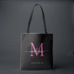 Black PInk Magenta Monogram Script Name Initial Tote Bag<br><div class="desc">Modern Black Hot Pink Magenta Monogram Elegant Script Name Initial Tote Bag</div>