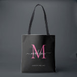 Black PInk Magenta Monogram Script Name Initial Tote Bag<br><div class="desc">Modern Black Hot Pink Magenta Monogram Elegant Script Name Initial Tote Bag</div>