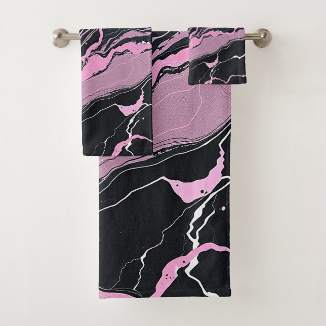 Black & Pink Marble Bath Towel Set (Insitu)