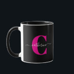 Black Pink Modern Stylish Script Monogram Name Mug<br><div class="desc">This minimalist combo mug with a last name monogram and cursive first name makes a bold statement. It can be easily customised with a pink and white monogram and name. Enjoy your favourite hot beverage in it and personalise and give it to family and friends for birthdays, anniversaries, house warmings...</div>