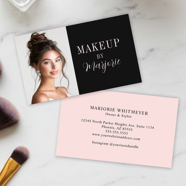 Black Pink Modern Typography Script Photo Makeup Business Card (modern black blush pink script photo makeup business card with modern typography)