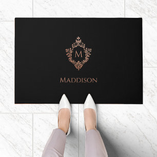 Black Pink Monogram Elegant Rose Gold Crest Name Doormat