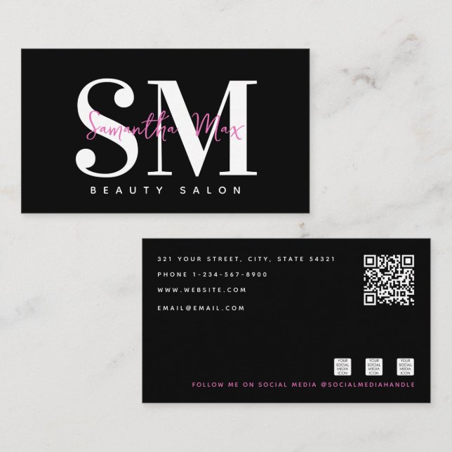 Black Pink Monogram MUA Hair Stylist Lash Tech Business Card (Front/Back)