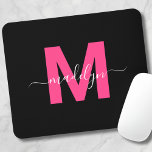 Black Pink Monogram Script Name Mouse Pad<br><div class="desc">Personalised Girly Modern Black and Pink Script Initial Monogram Mouse Pad. Add a touch of feminine charm and sophistication to your workspace with this chic mouse pad. It features a bold magenta hot pink initial centred on a sleek black background, creating a stylish and girly design. Perfect for students, professionals,...</div>