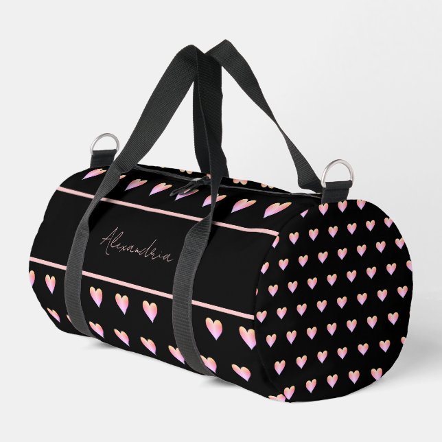 Black Pink Ombre Hearts Personalized Script Name Duffle Bag (Left Corner)