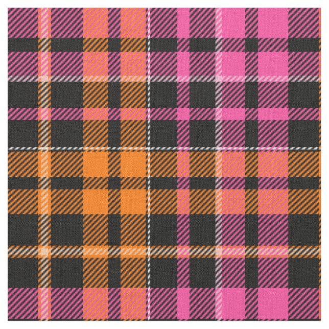 Black Pink Orange Plaid Tartan Design  Fabric (Close Up)