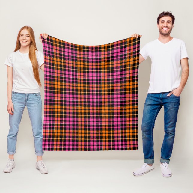 Black Pink Orange Plaid Tartan Design  Fleece Blanket (In Situ)