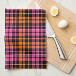 Black Pink Orange Plaid Tartan Design  Tea Towel