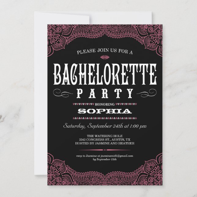 Black & Pink Paisley Bachelorette Party Invitation (Front)