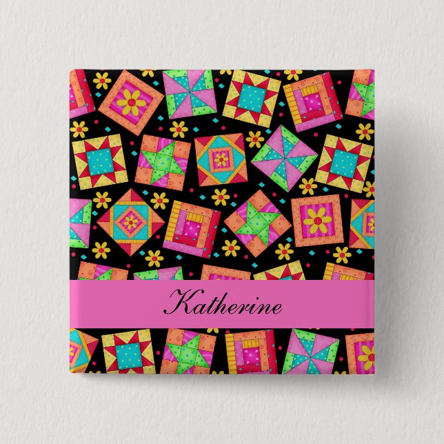 Black Pink Patchwork Quilt Blocks Name Badge (Front)