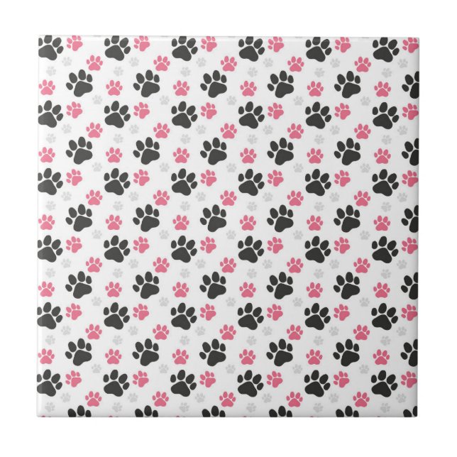 Black Pink Paw Print Dog Owner Puppy Lover Pets Ceramic Tile (Front)