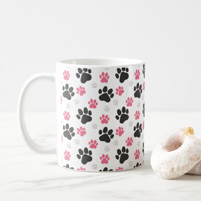 Black Pink Paw Print Dog Owner Puppy Lover Pets Coffee Mug (With Donut)