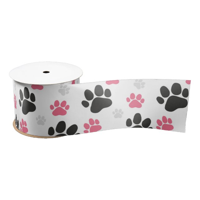 Black Pink Paw Print Dog Owner Puppy Lover Pets Satin Ribbon (Spool)