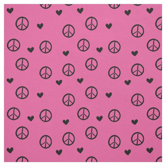 Black Pink Peace Signs and Hearts Fabric (Swatch)