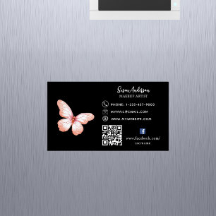 Black pink peach butterfly QR code Facebook Magnetic Business Card