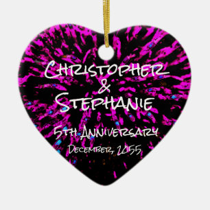 Black Pink Personalise Heart Anniversary Christmas Ceramic Ornament