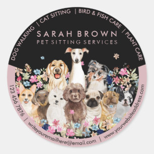 Black Pink Pet Sitting Boutique Floral Dogs Classic Round Sticker