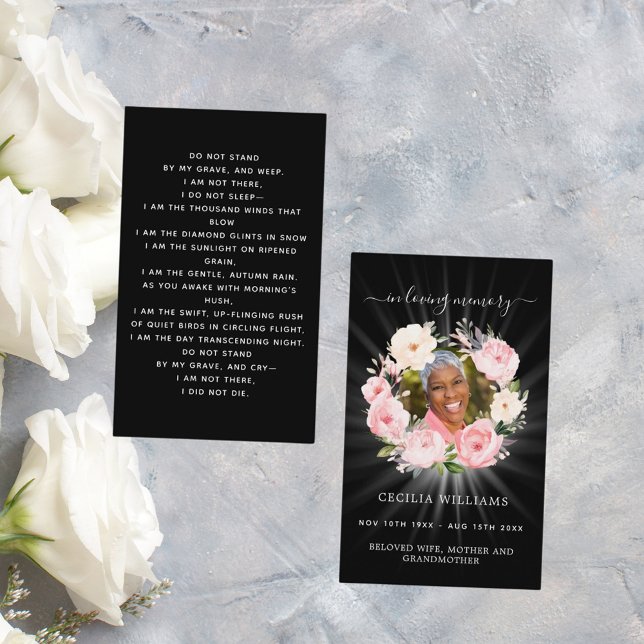 Black pink photo floral wreath funeral prayer card (Creator Uploaded)
