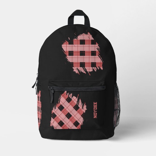 Black, Pink Plaid Patches, Name  Printed Backpack (Front)