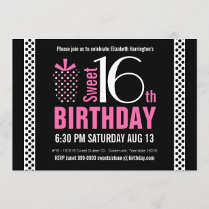 Black Pink Polkadots Sweet 16 Birthday Invitation