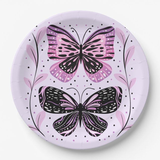 Black, Pink, Purple Butterflies  Paper Plate (Front)