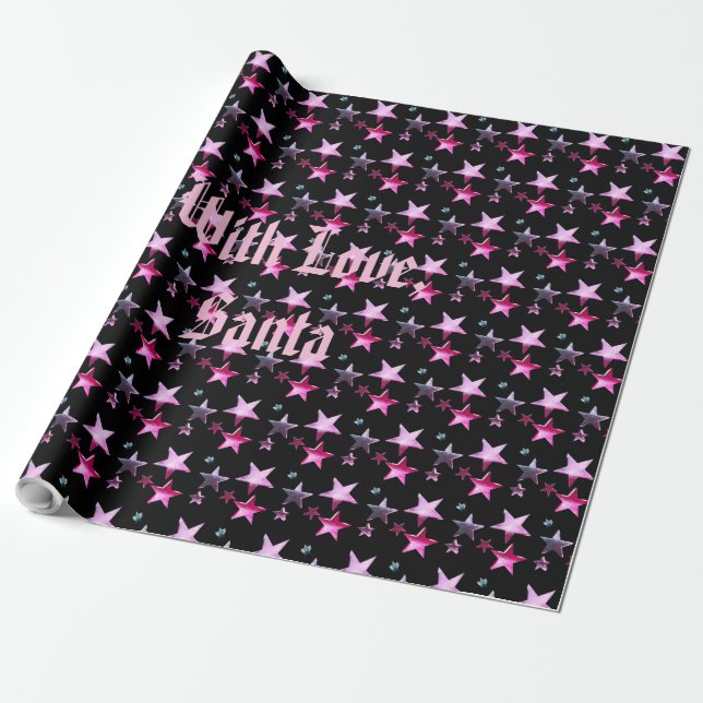 Black Pink Purple Christmas Stars Pattern Add Name Wrapping Paper (Unrolled)