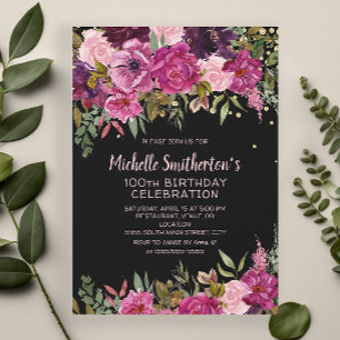 Black Pink Purple Floral Glitter 100th Birthday Invitation