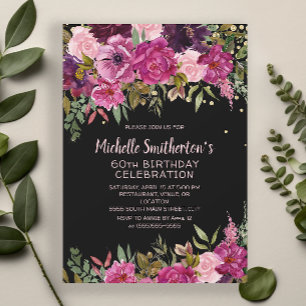 Black Pink Purple Floral Glitter 60th Birthday Invitation