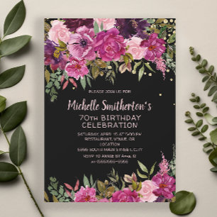 Black Pink Purple Floral Glitter 70th Birthday Invitation