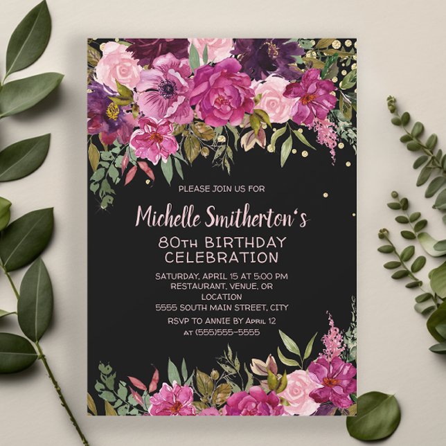 Black Pink Purple Floral Glitter 80th Birthday Invitation (Black 80th birthday party invitation with pink and purple floral and gold glitter)