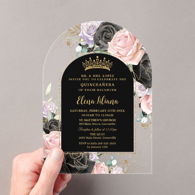 Black Pink Purple Floral Gold Quinceanera Sweet 16 Acrylic Invitations (Insitu (Handheld))