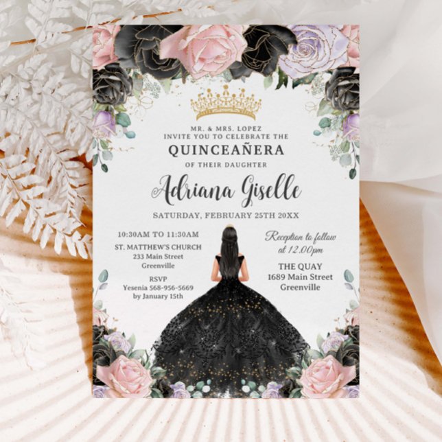 Black Pink Purple Floral Gold Quinceanera Sweet 16 Invitation (Creator Uploaded)