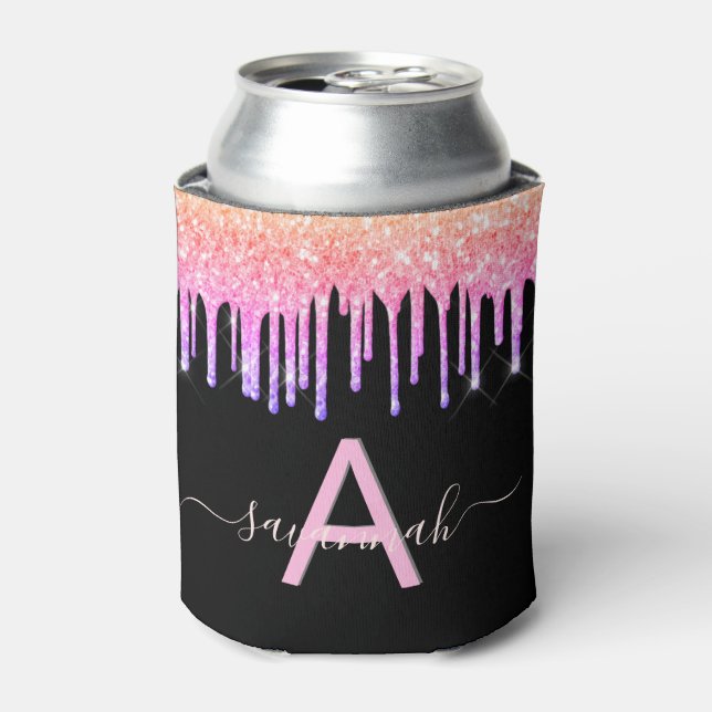 Black pink purple glitter drips monogram can cooler (Can Front)