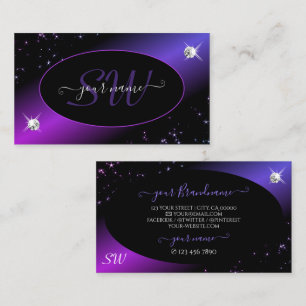Black Pink Purple Glitter Stars Jewels Monogram Business Card