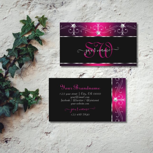 Black Pink Purple Orante Sparkle Diamonds Initials Business Card (Creator Uploaded)