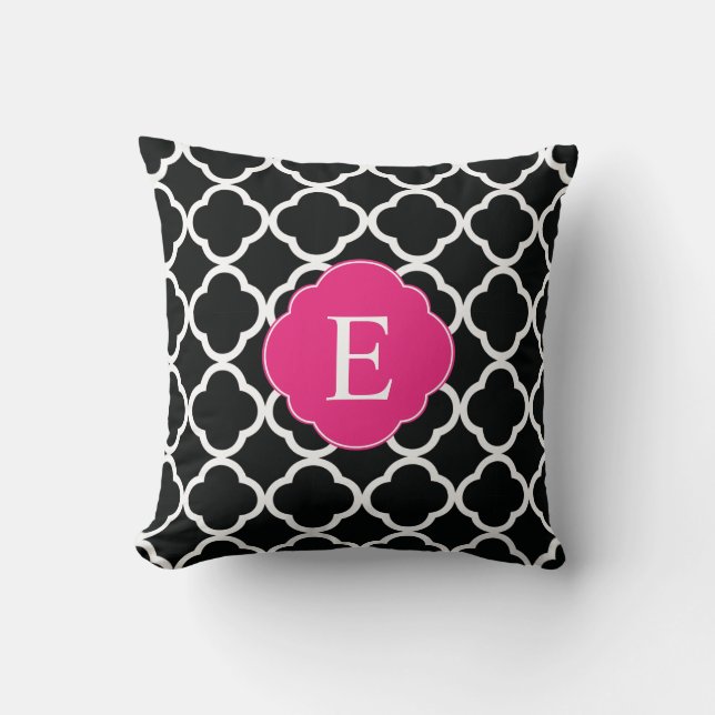 Black Pink Quatrefoil Monogram Cushion (Front)
